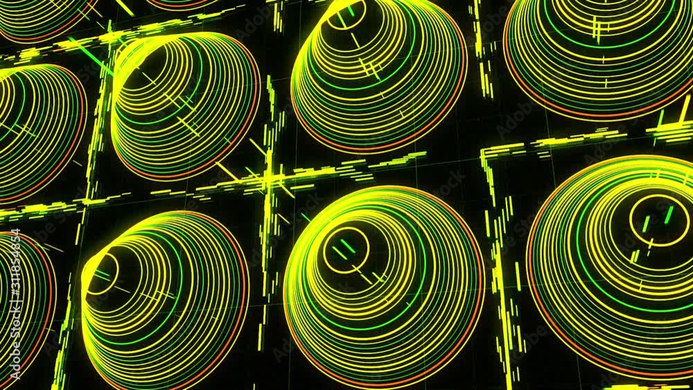 Poster glowing circular elements forming conical shaped figures placed in rows on black background, seamles