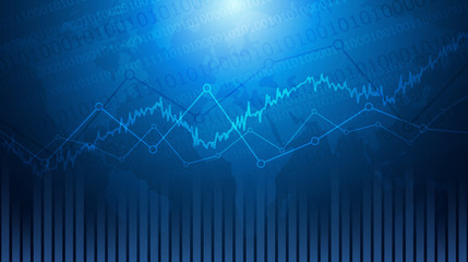 Abstract financial chart with line graph and world map in stock market on blue color background