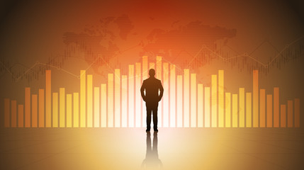 Silhouette business man standing looking financial chart and world map in stock market on orange color background