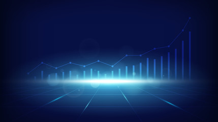 Abstract financial graph with uptrend line in stock market on blue color background