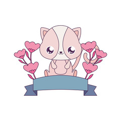 Kawaii cat cartoon with flowers and ribbon vector design