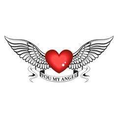 Vector image of a red heart with white wings and ribbon.