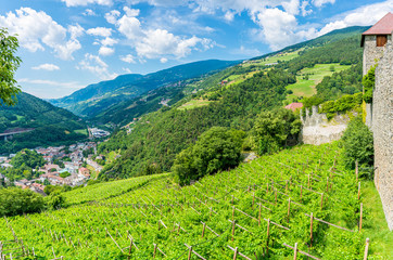 Naklejka na ściany i meble Panoramic view from Sabiona Monastery near Chiusa on a summer morning, Province of Bolzano, Trentino Alto Adige, Italy.
