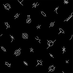 Line art electronic components icons seamless pattern. Black and white vector tileable background.