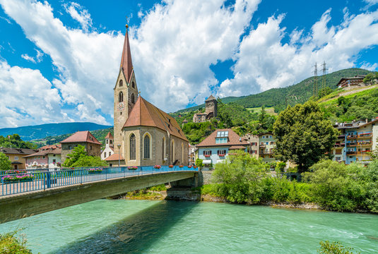 Idyllic view in Chiusa on a summer morning, Province of Bolzano, Trentino Alto Adige, Italy.