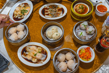 Assortment of delicious Hong Kong steamed dimsum on the table