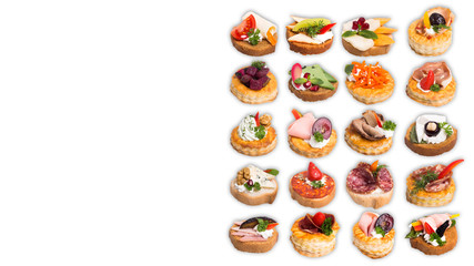 Assortment of tasty canapes on white background