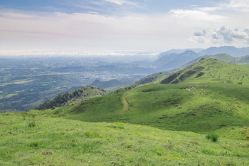 Fototapeta na wymiar View of Pyrenean meadows looking north from Pic d'Escurets between the Aspe and Osseau valleys in the French Pyrenees, 