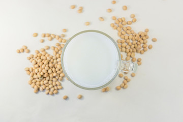 Soy and soy milk on a white background.