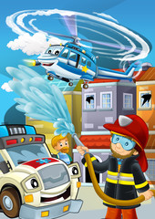 cartoon stage with fireman fire fighting near some building smoking - illustration for children