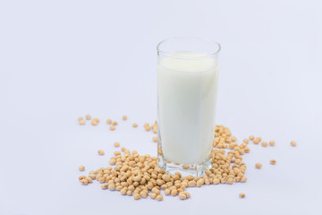 Soy and soy milk on a white background.