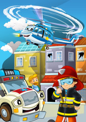 cartoon stage with fireman fire fighting near some building smoking - illustration for children
