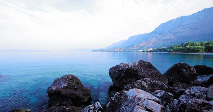 Tucepi, Croatia - Aug 20, 2018: Time Lapse 4K view of the sea line