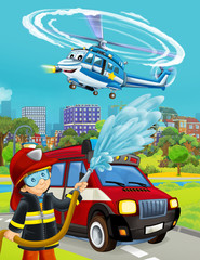 cartoon scene with fireman vehicle on the road - illustration for children