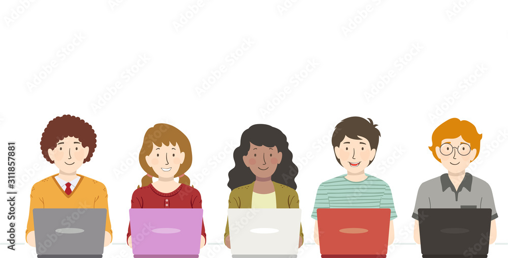 Wall mural Teens Group Laptops Illustration