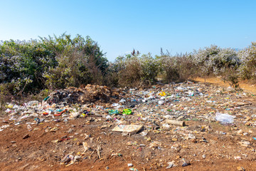 Waste from household in wasted landfill, waste disposal in dumping site in Myanmar, 26 December 2019, Shan State, Myanmar. Pollution concept.