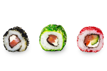 Uramaki maki sushi with chuka, red and black caviar. Three different rolls