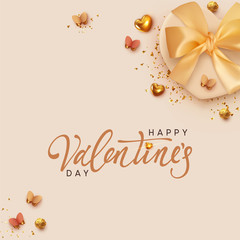 Fototapeta na wymiar Valentines Day holiday card. Background with realistic gift box. Romantic present. beige boxes with lush ribbon bow, gift surprise. Golden 3d hearts, glitter gold confetti Decorative flying butterfly
