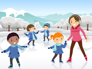 Stickman Kids Teacher Ice Skating Illustration