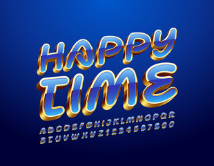 Vector bright Emblem Happy Time. Stylish Blue and Golden 3D Font. Chic Alphabet Letters and Numbers