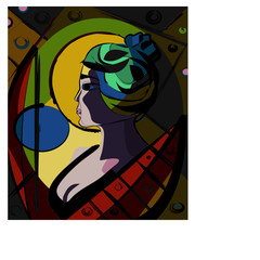 Colorful abstract background, cubism art style, profile of woman