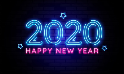 2020 Happy New Year Neon Text. 2020 New Year Design template for Seasonal Flyers and Greetings Card or Christmas invitations.