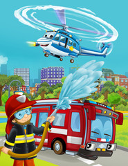 cartoon scene with fire brigade car vehicle on the road and fireman worker - illustration for children