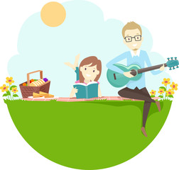 Couple Picnic Guitar Read Book Illustration