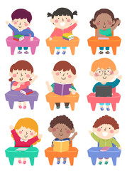 Kids Students Class Seats Raise Hands Illustration