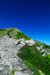 Amazing alpine mountain landscape, sunny hiking trail to the top. Grass and rocks, easy walk, but long way to go.