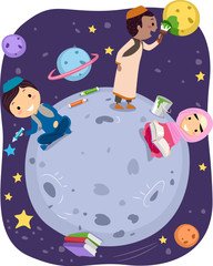 Naklejka premium Stickman Kids Muslim Outer Space Illustration