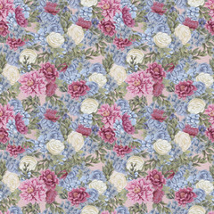 Watercolor floral seamless pattern. Hand painted flowers, greeting card template or wrapping paper