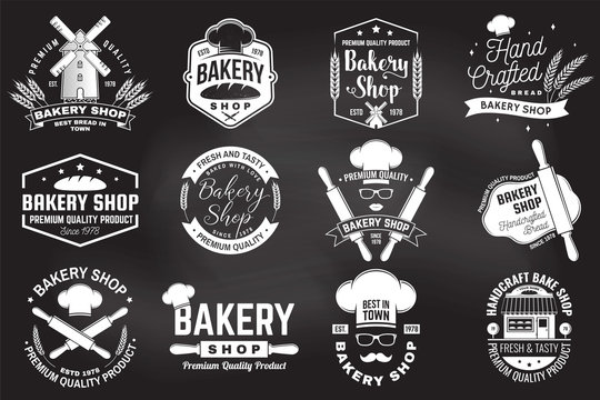 Set of Bakery shop badge on the chalkboard. Concept for badge, shirt, label, stamp. Design with windmill, rolling pin, dough, wheat ears silhouette. For restaurant identity, packaging menu