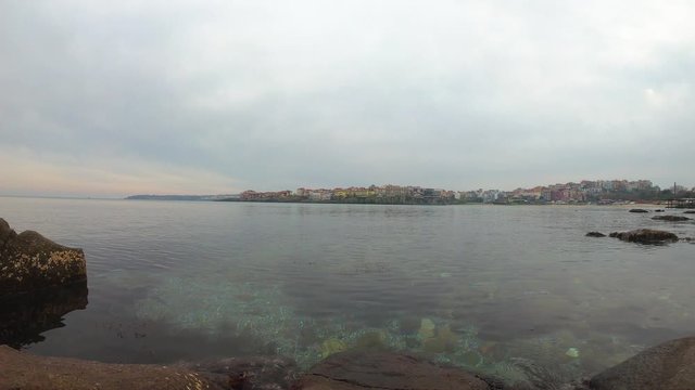 Timelapse of the coastline from old town Sozopol with view to the calm Black sea and the bay.  