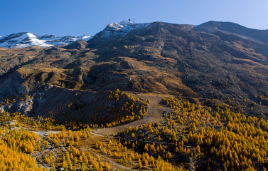 Aerial view of mountains, forest and summer near Zermatt. Switzerland in the fall