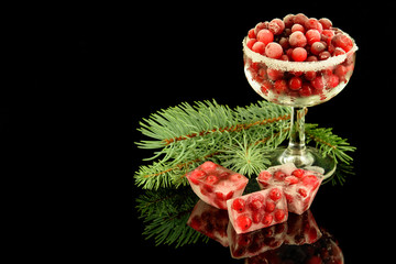 Fototapeta na wymiar Frozen red cranberries in a glass and some briquettes of frozen cranberries on the black reflective background. Holidays art design with a space for greeting . Christmas and New Year greeting card.