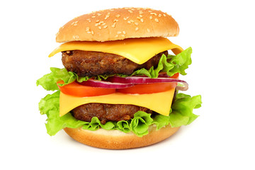 bbq hamburger with vegetables, spices isolated on white background