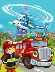 cartoon scene with fireman vehicle on the road driving through the city and fireman standing near by - illustration for children