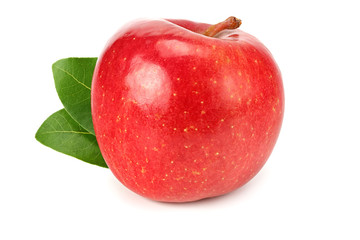 one red apple with green leaves isolated on white background
