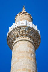 Closeup view of the Bodrum Castle Mosque's (Kale Camisi) minaret (also known as St Peter Castle),...