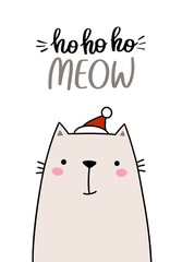 Funny hand drawn Santa cat looking up to meow lettering text. Winter holidays illustration. Happy new year and Merry Christmas greeting card 