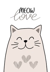 Cute vector illustration of a happy cat. Love pets hand drawn character. Happy Valentines day greeting card