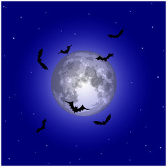 Obraz na płótnie Canvas Vector Halloween background with illustration of flying bats over moon. Happy halloween party. Spooky halloween background with scary bats on full moon background. Full moon night spruce forest.