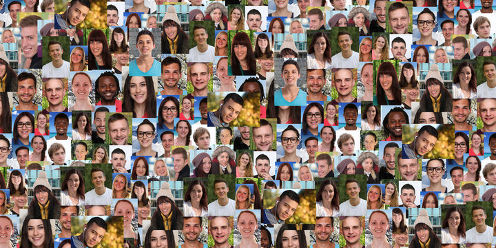 Background portrait collection group of young people portraits faces banner multicultural