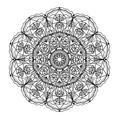 Hand drawing simple black floral mandala on the white background.