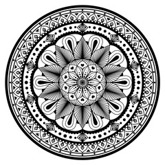 Hand drawing simple black floral mandala on the white background.