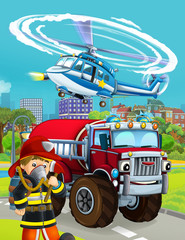 cartoon scene with fireman vehicle on the road - illustration for children