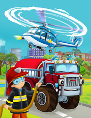 cartoon scene with fireman vehicle on the road - illustration for children