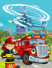 Obraz na płótnie Canvas cartoon scene with fireman vehicle on the road driving through the city and fireman standing near by - illustration for children