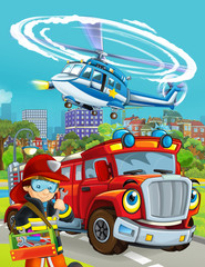 cartoon scene with fireman vehicle on the road - illustration for children